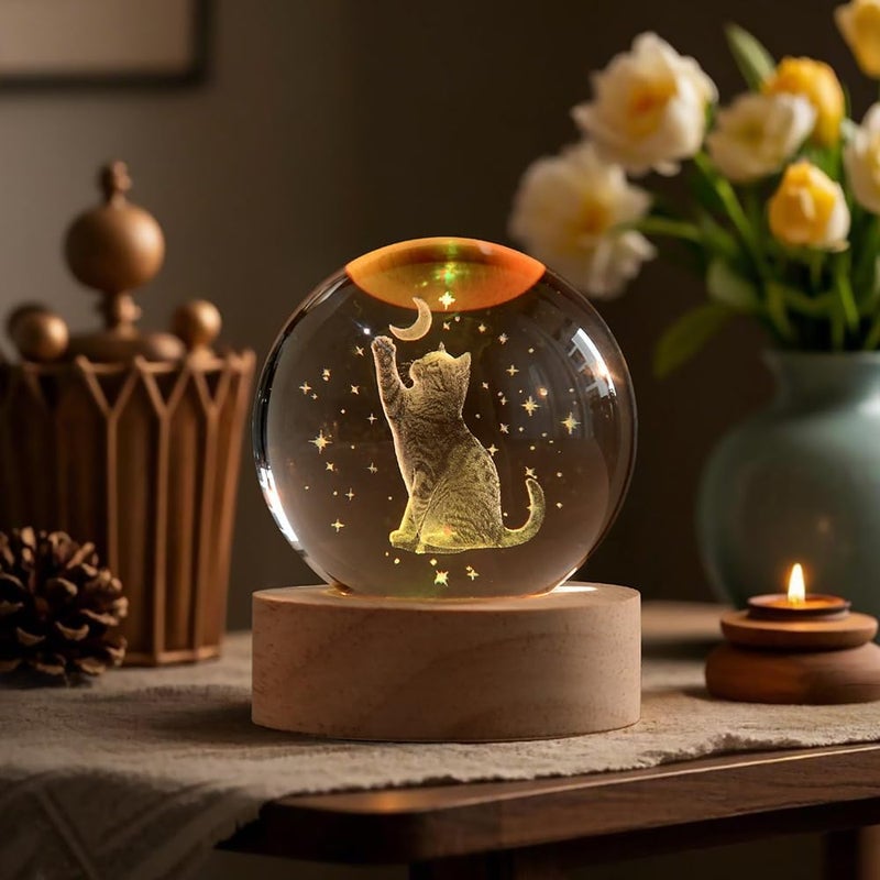 ZRENJHUS 3D Cat Gifts for Women 60mm Crystal Ball Cat Lovers Gift Decor Cat Themed Gifts Lamp Glass Ball for Birthday Mothers Day Christmas Birthday - Image 3